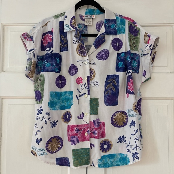 Vintage Tops - Vintage Act III Made in USA Button Up Cuffed Floral Seashell Shirt Size XL 16